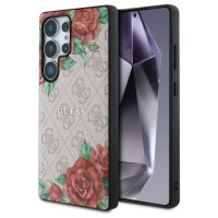 Guess Leather 4G Flowers Print Metal Classic Logo MagSafe Case for Samsung Galaxy S25 Ultra - Pink