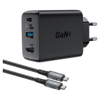Acefast 2in1 charger GaN 65W USB Type C / USB, adapter HDMI adapter 4K 60Hz (set with cable) black (A17 black)