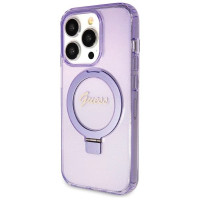 Guess Ring Stand Script Glitter MagSafe case for iPhone 14 Pro - purple