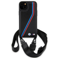 BMW M Edition Carbon Tricolor Lines & Strap case for iPhone 15 / 14 / 13 - black