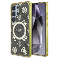 Guess 4G Background Gold Electroplated Peony Pattern MagSafe Case for Samsung Galaxy S25 Ultra Brown