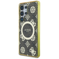Guess 4G Background Gold Electroplated Peony Pattern MagSafe Case for Samsung Galaxy S25 Ultra Brown