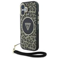 Guess HC IML Leopard Triangle Cord Strap MagSafe iPhone 16 Case - Brown