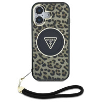 Guess HC IML Leopard Triangle Cord Strap MagSafe iPhone 16 Case - Brown