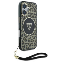 Guess HC IML Leopard Triangle Cord Strap MagSafe iPhone 16 Case - Brown