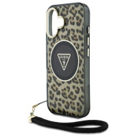 Guess HC IML Leopard Triangle Cord Strap MagSafe iPhone 16 Case - Brown