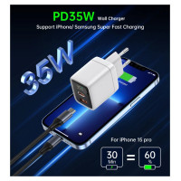 Choetech PD6052 USB-C USB-A PD 35W GaN wall charger with display - white