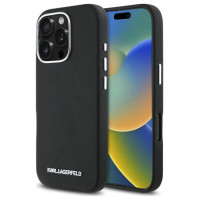 Karl Lagerfeld Saffiano Full Wrapped Elongated Metal Logo MagSafe iPhone 16 Pro Case - Black