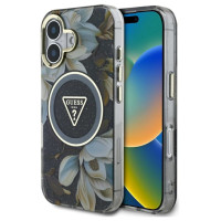 Guess Glitter Flowers Triangle Buttons MagSafe case for iPhone 16 black