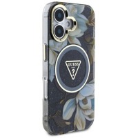 Guess Glitter Flowers Triangle Buttons MagSafe case for iPhone 16 black