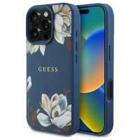 Guess Grained Printed Flower Pattern MagSafe case for iPhone 16 Pro Max blue