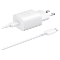 Samsung 25W EP-TA800EWE USB-C wall charger with Samsung EP-DA705BWE USB-C / USB-C cable replacement packaging - white