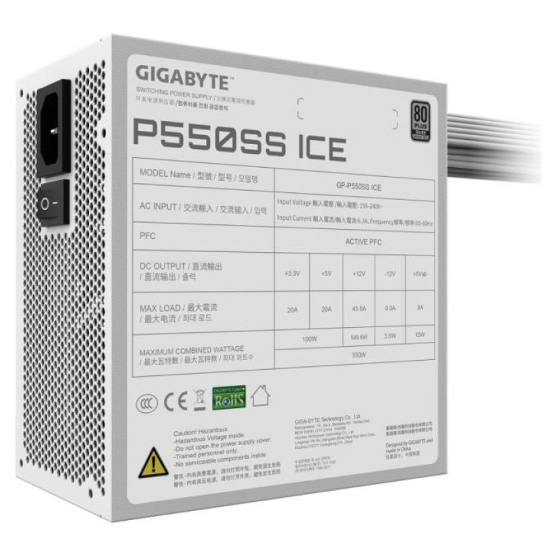 Gigabyte Power Supply|GIGABYTE|GP-P550SS ICE|550 Watts|Efficiency 80 PLUS SILVER|PFC Active|MTBF 100000 hours|GP-P550SSICE
