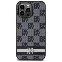 Dkny Leather Checkered Mono Pattern & Printed Stripes Case for iPhone 14 Pro Max - Black