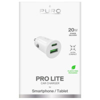 Puro Pro Lite Car Charger 1x USB-A + 1x USB-C Power Delivery 20W - White