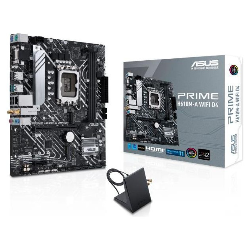 Asus Mainboard|ASUS|Intel H610|LGA1700|Micro-ATX|Memory DDR4|Memory slots 2|1xPCI-Express 3.0 1x|1xPCI-Express 4.0 16x|2xM.2|1x15pin D-sub|1xHDMI|1xDisplayPort|2xAudio-In|1xAudio-Out|4xUSB 2.0|2xUSB 3.2|2xPS/2|1xRJ45|2xRF-Out|H610M-AWIFID4