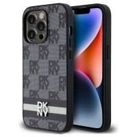 Dkny Leather Checkered Mono Pattern & Printed Stripes iPhone 14 Pro Case - Black