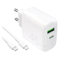 Puro Daily Prolite 45W USB-C USB-A Power Delivery Charger with USB-C Cable - White