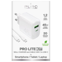 Puro Daily Prolite 45W USB-C USB-A Power Delivery Charger with USB-C Cable - White