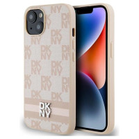 Dkny Leather Checkered Mono Pattern & Printed Stripes Case for iPhone 15 Plus / 14 Plus - Pink
