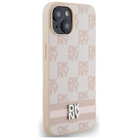 Dkny Leather Checkered Mono Pattern & Printed Stripes Case for iPhone 15 Plus / 14 Plus - Pink