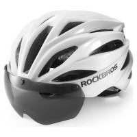 Rockbros Bike Helmet with Visor, Detachable UV Goggles, Unisex, Glossy - White