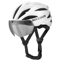 Rockbros Bike Helmet with Visor, Detachable UV Goggles, Unisex, Glossy - White
