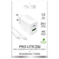 Puro PROLITE 20W USB-A / USB-C wall charger + USB-C - USB-C cable 1.2m - white