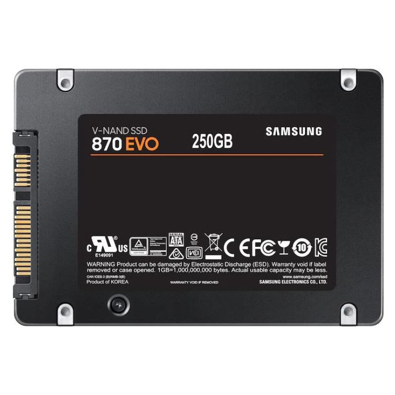 Samsung SSD|SAMSUNG|870 EVO|250GB|SATA|MLC|Write speed 530 MBytes/sec|Read speed 560 MBytes/sec|2,5"|TBW 150 TB|MTBF 1500000 hours|MZ-77E250B/EU