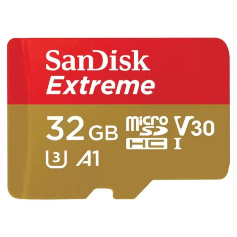 Sandisk Extreme microSDHC 32GB for Action Cams and Drones + SD Adapter - 100MB/s A1 C10 V30 UHS-I U3