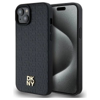 Dkny Leather Monogram Pattern Metal Logo MagSafe Case for iPhone 15 Plus / 14 Plus - Black