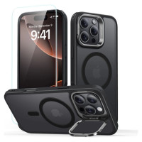 ESR Classic Hybrid Kickstand Halolock MagSafe Case with Stand + Tempered Glass for iPhone 16 Pro Max - Semi-Transparent with Black Frame