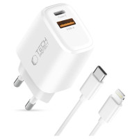 Tech-Protect NCA30 PD 30W QC3.0 USB-A / USB-C Wall Charger + USB-C / Lightning Cable 100cm - White