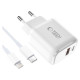 Tech-Protect NCA30 PD 30W QC3.0 USB-A / USB-C Wall Charger + USB-C / Lightning Cable 100cm - White