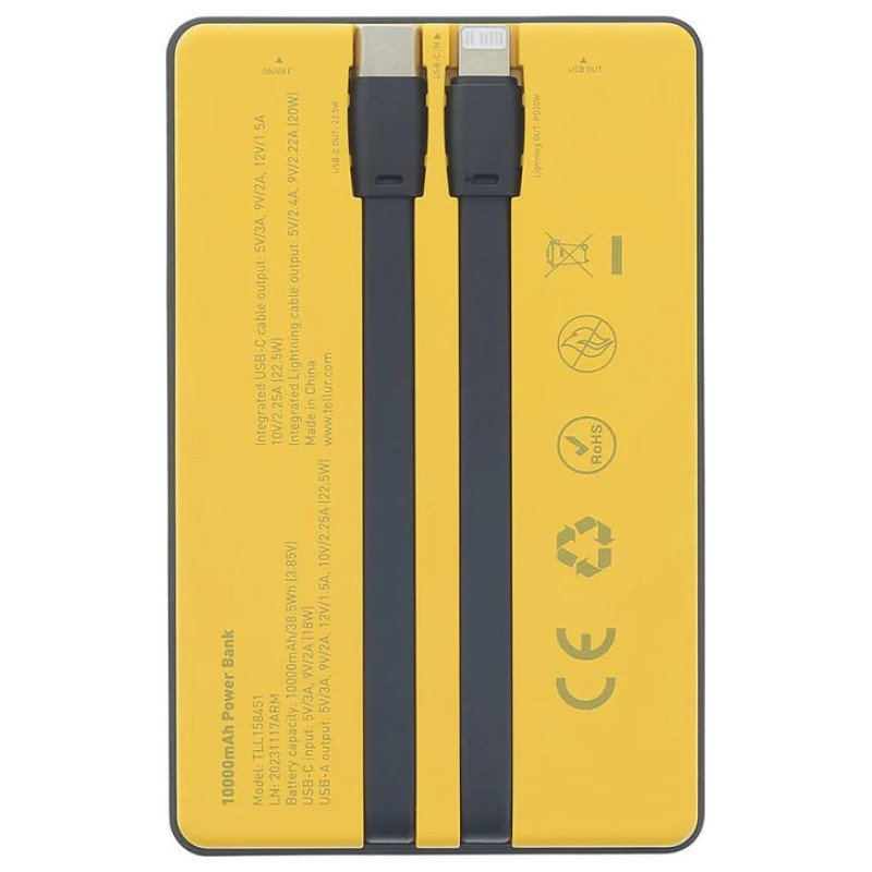 Tellur Power Bank 10000mAh, USB-C + Lightning cables built-in  yellow