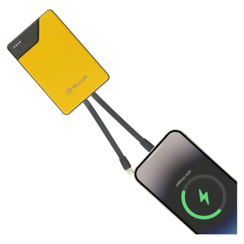 Tellur Power Bank 10000mAh, USB-C + Lightning cables built-in  yellow