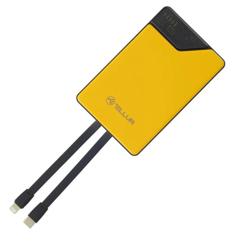 Tellur Power Bank 10000mAh, USB-C + Lightning cables built-in  yellow
