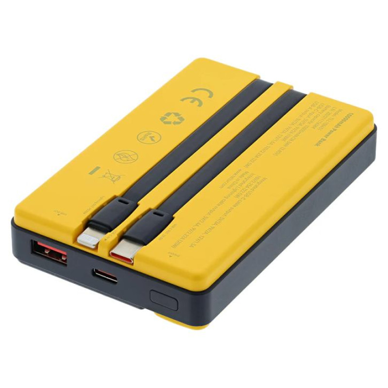 Tellur Power Bank 10000mAh, USB-C + Lightning cables built-in  yellow