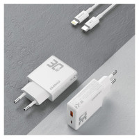Dudao GaN Dudao A30EUL 30W USB-A / USB-C Wall Charger + USB-C - Lightning Cable - White
