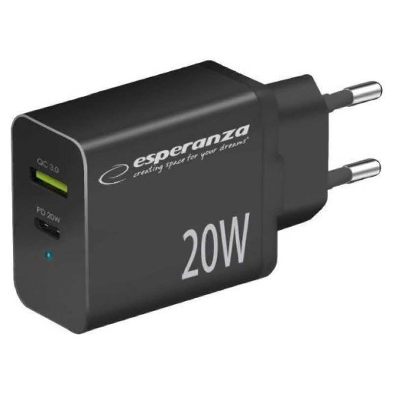 Esperanza EZC105K Lādētājs Type C 20W + USB QC3.0 18W