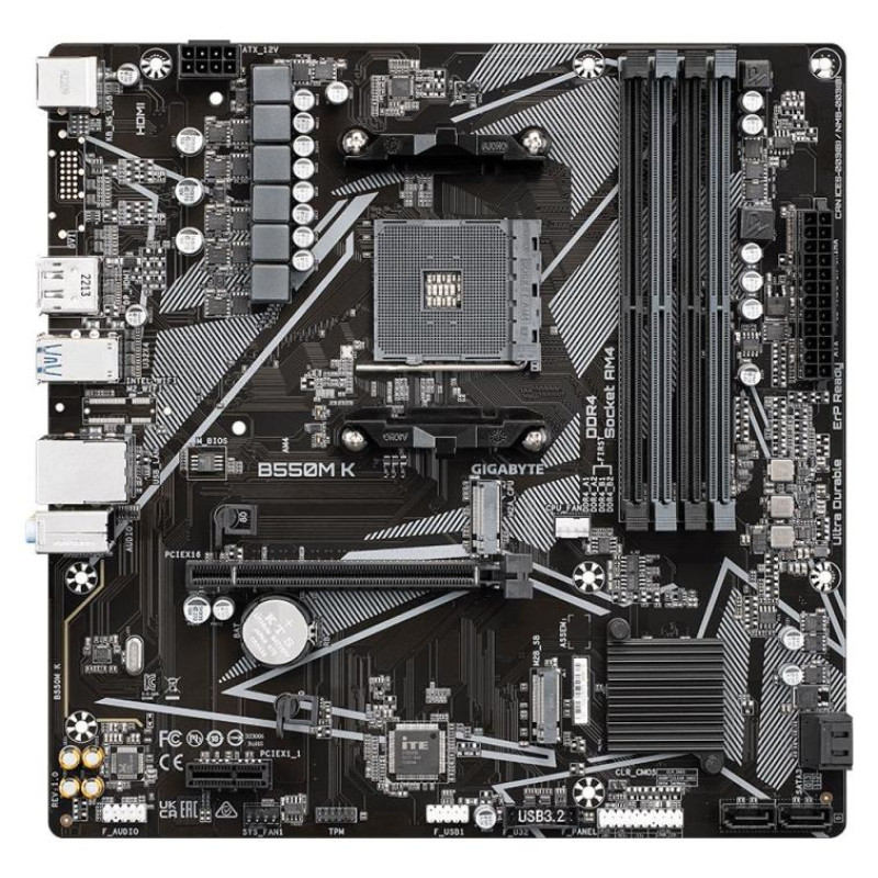 Gigabyte Mainboard|GIGABYTE|AMD B550|SAM4|Micro-ATX|Memory DDR4|Memory slots 4|1xPCI-Express 3.0 1x|1xPCI-Express 4.0 16x|2xM.2|1xHDMI|1xDisplayPort|2xAudio-In|1xAudio-Out|4xUSB 2.0|4xUSB 3.2|1xPS/2|1xRJ45|B550MK