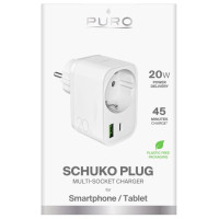 Puro 20W Power Delivery Charger with Schuko Plug and Socket 1x USB-C + 1x USB-A - White