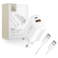 Tech-Protect NCA20 PD 20W QC3.0 USB-A / USB-C Wall Charger + USB-C / USB-C Cable 100cm - White