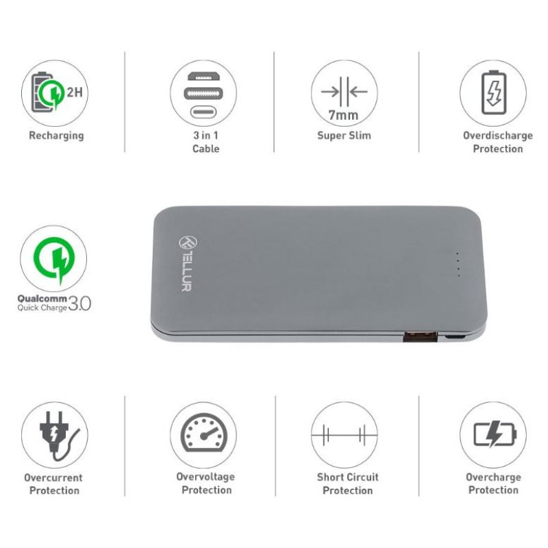 Tellur Power Bank QC 3.0 Fast Charge, 5000mAh, 3in1 gray