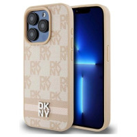 Dkny Leather Checkered Mono Pattern & Printed Stripes case for iPhone 15 Pro - pink