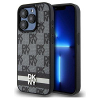 Dkny Leather Checkered Mono Pattern & Printed Stripes Case for iPhone 15 Pro Max - Black