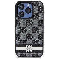 Dkny Leather Checkered Mono Pattern & Printed Stripes Case for iPhone 15 Pro Max - Black