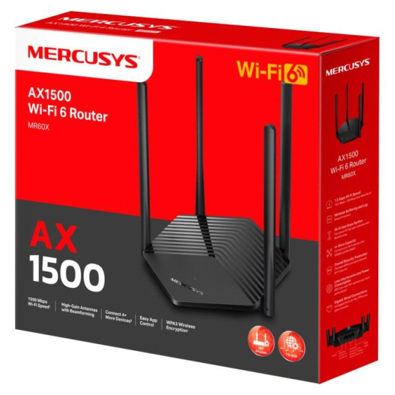 Mercusys Wireless Router|MERCUSYS|1500 Mbps|Wi-Fi 6|IEEE 802.11a/b/g|IEEE 802.11n|IEEE 802.11ac|IEEE 802.11ax|3x10/100/1000M|LAN \ WAN ports 1|Number of antennas 4|MR60X