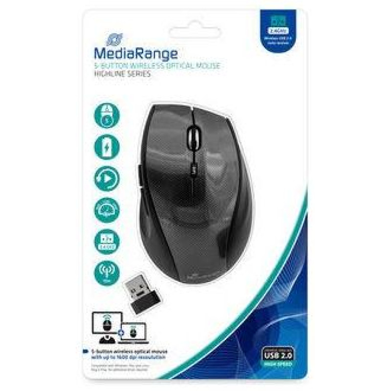 Mediarange MOUSE USB OPTICAL WRL 5-BUTTON/BLACK MROS207 MEDIARANGE