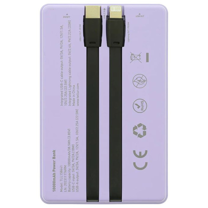 Tellur Power Bank 10000mAh, USB-C + Lightning cables built-in  purple